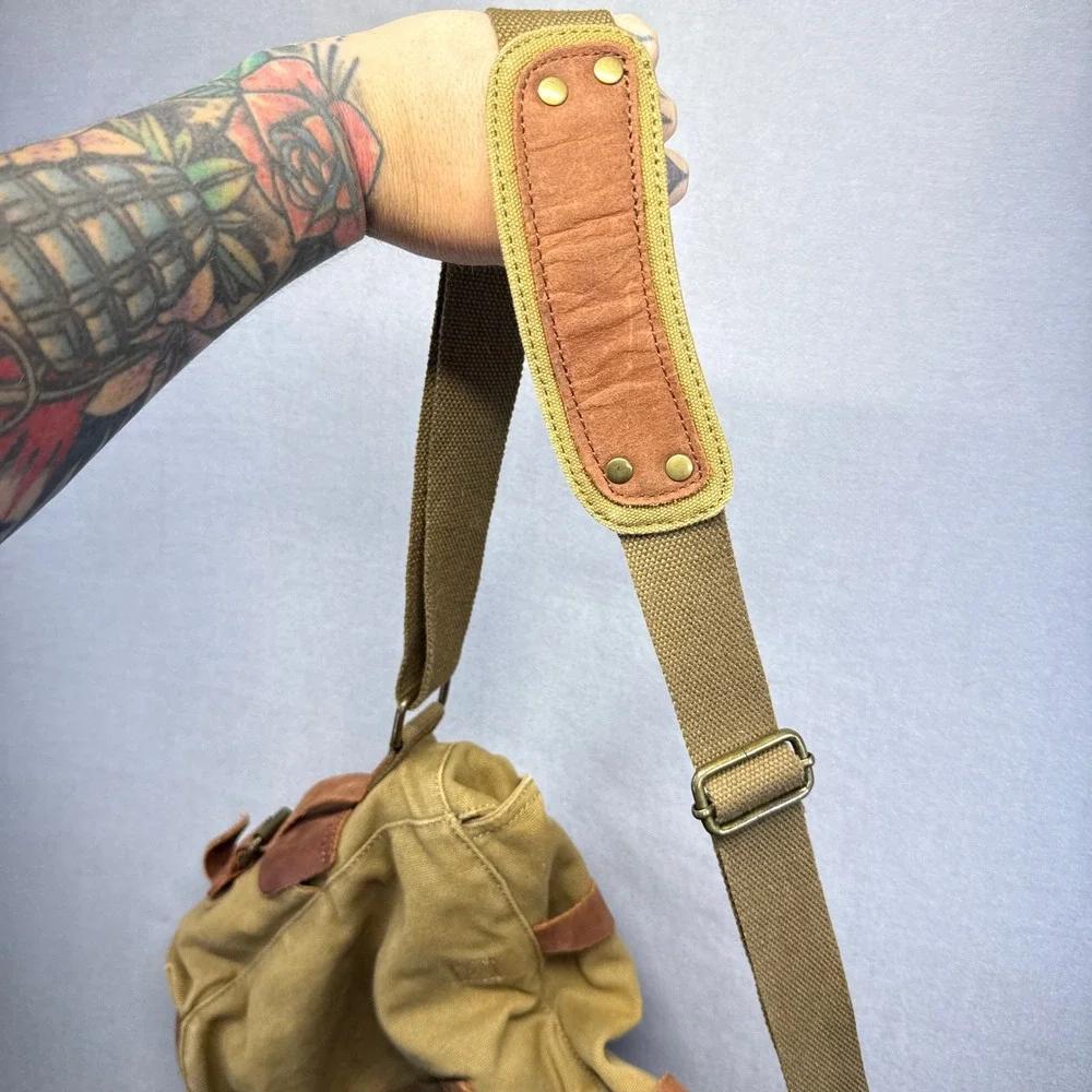 S.C. Cotton Military Messenger Bag Khaki Canvas Leather Trim Crossbody Satchel